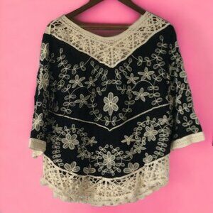 Solitaire Women’s Blouse Black with Crochet Accent and Embroidery Size M